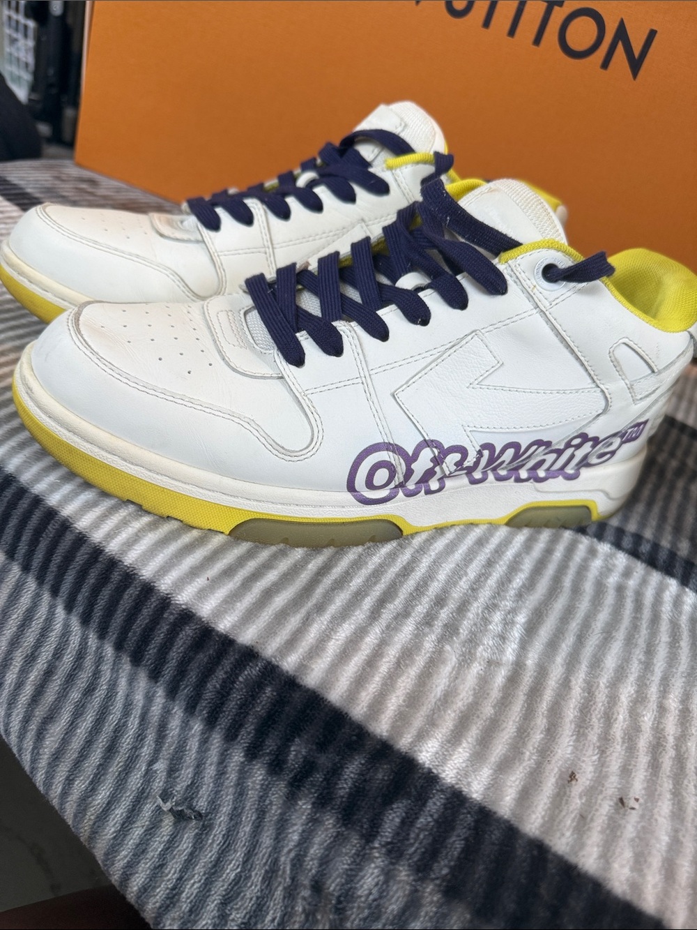 Off-White White Leather Low-Top Sneakers with Yellow & Purple Accents
